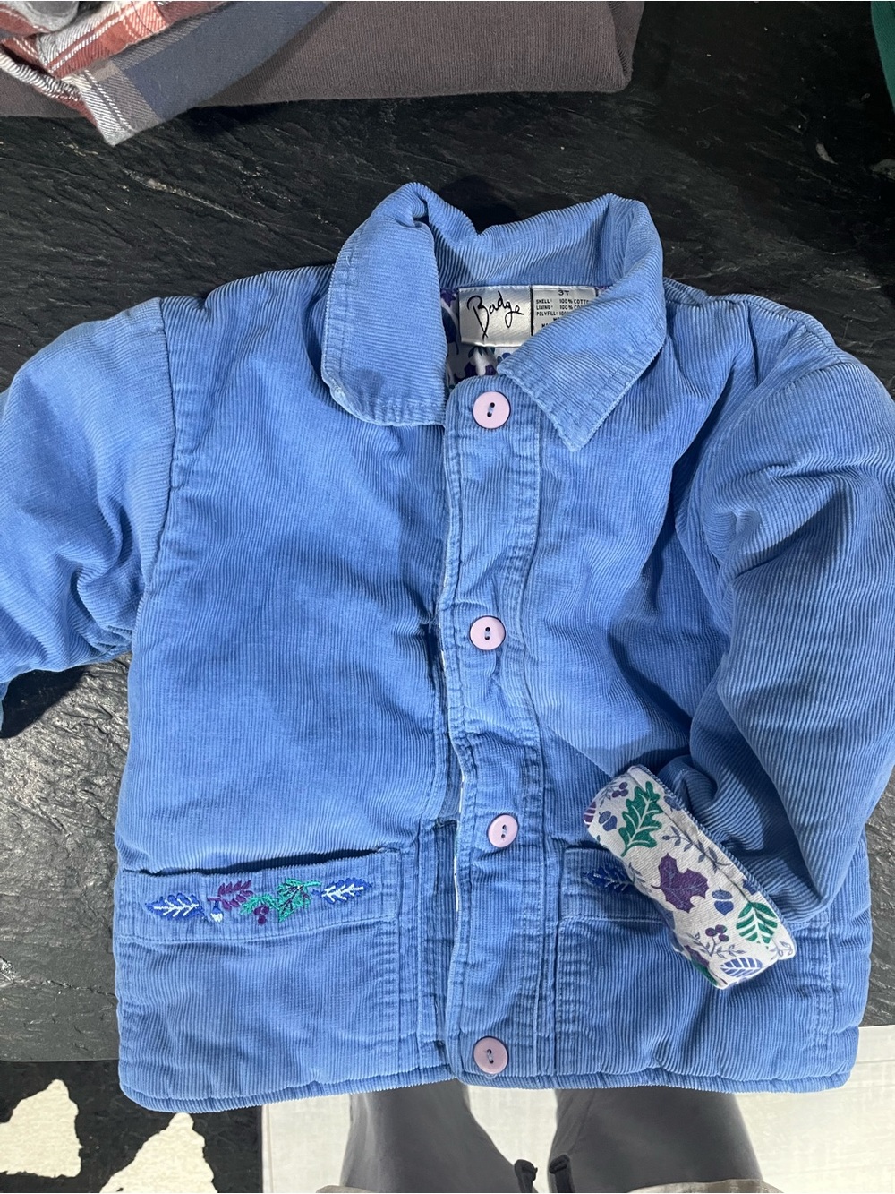 Badge Baby Light Blue Corduroy Jacket with Floral Trim